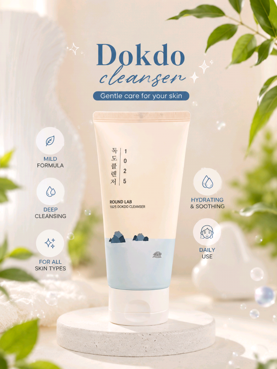 TikTok post by @jiji_jeonji24 for Round Lab. Caption reads: [...] #korean #dokdo #cleanser @ROUND LAB.
