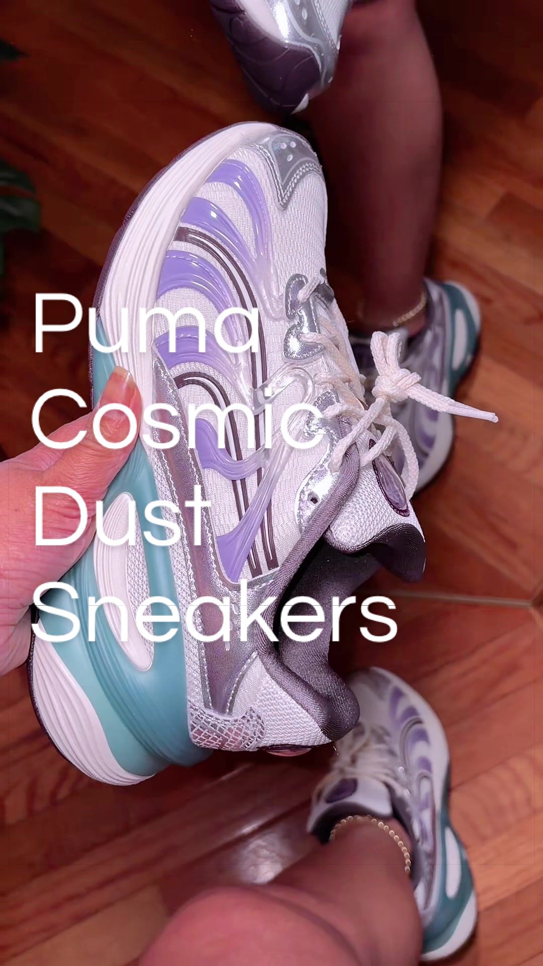 TikTok post by @ktrose.xo for SHOEBACCA.COM. Caption reads: 👌🏽👌🏽👌🏽#pumas #cosmicdust 💜🩵#womenssneakers....