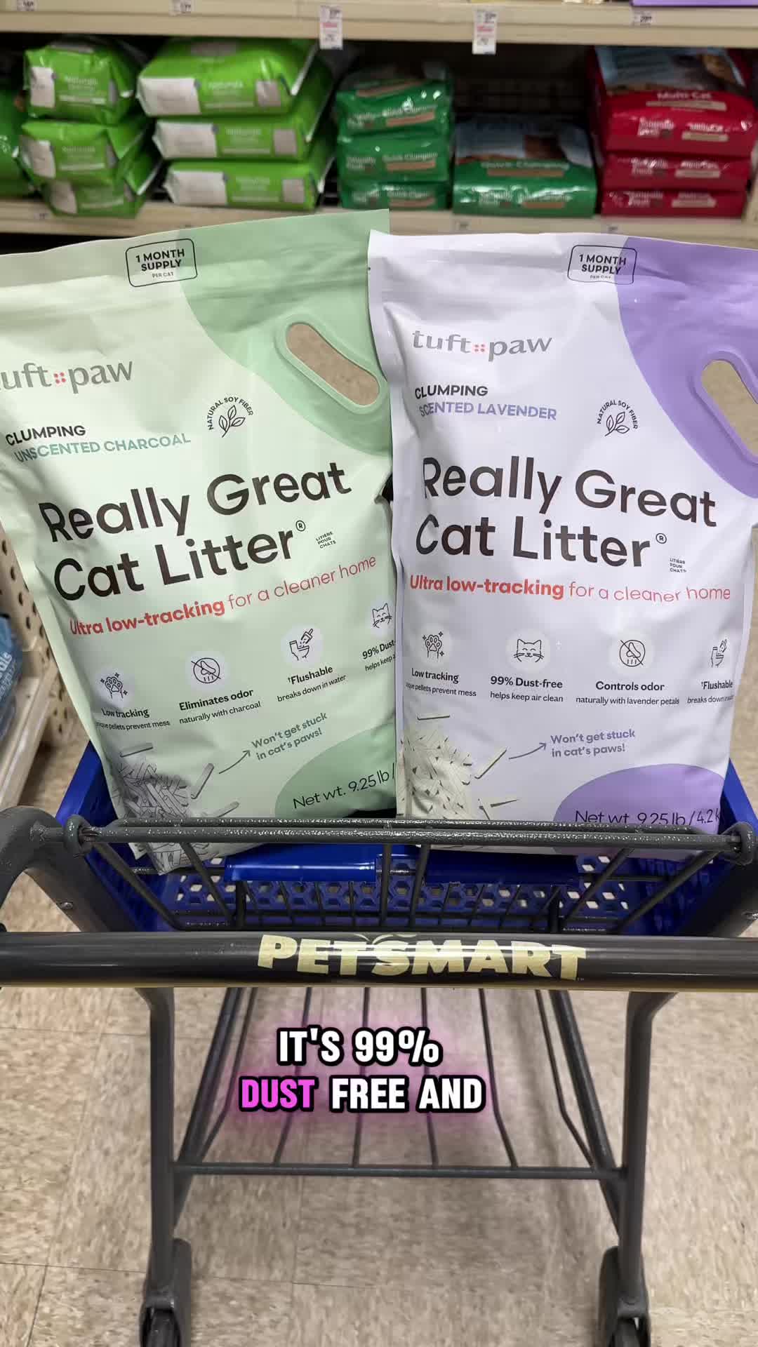 TikTok post by @missfeministkitty for Tuftandpaw. Caption reads: New litter alert 🚨 PetSmart now carries tuft +....