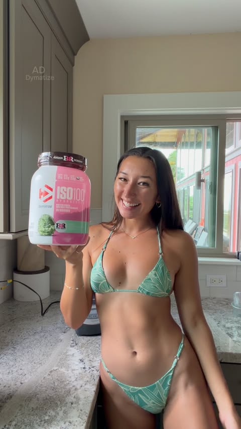 Instagram post by @sally.cohen for Dymatize. Caption reads: [...] like a kid again 🌊 Fueling up with....