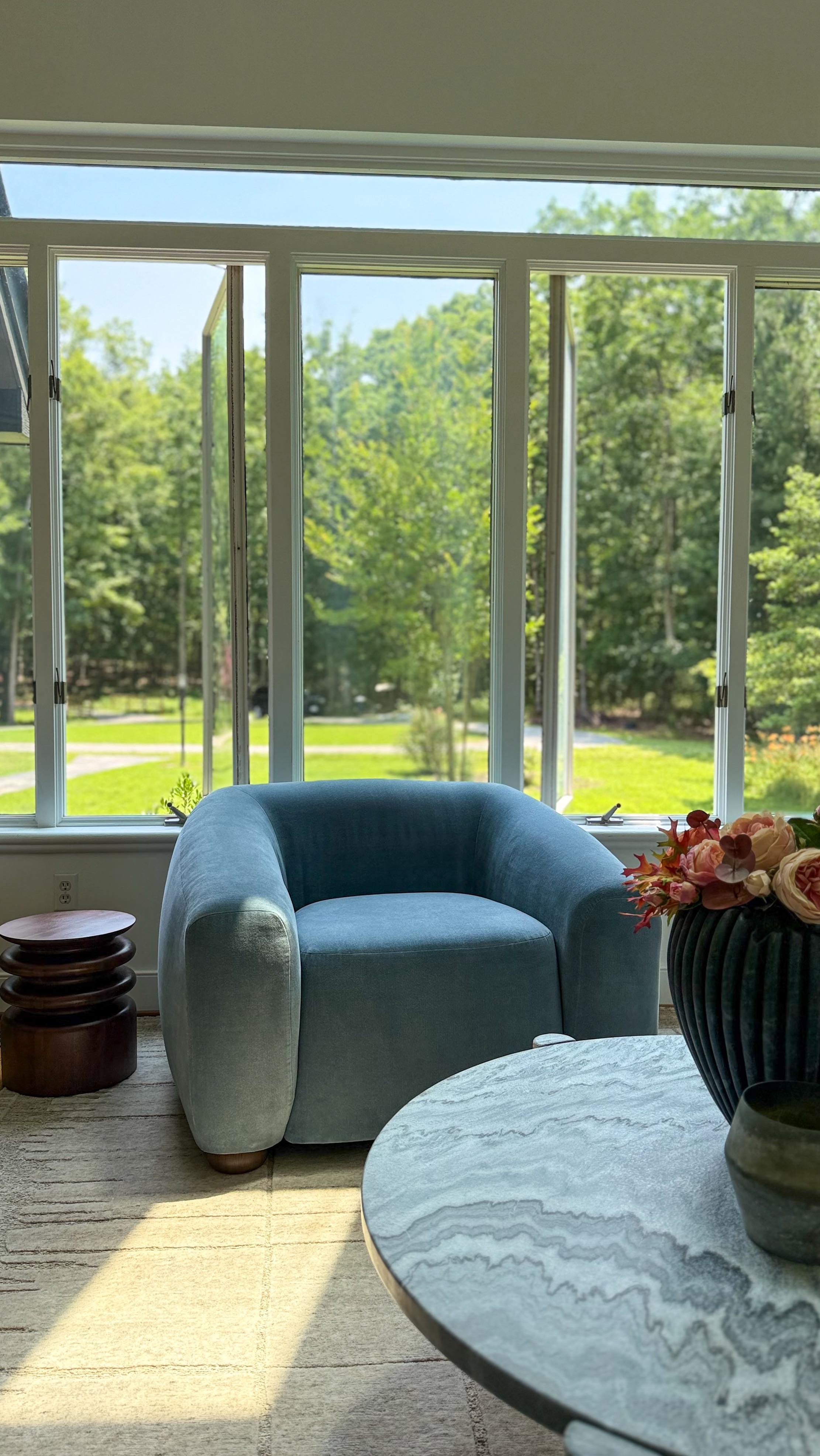 Instagram post by @thehedgedhome for The Citizenry. Caption reads: Just a touch of blue to bring calm and character....