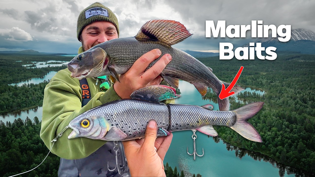 YouTube post by @Boatside for BlueBlue Fishing. Caption reads: Fishing a MASSIVE Grayling Swimbait for Mountain....