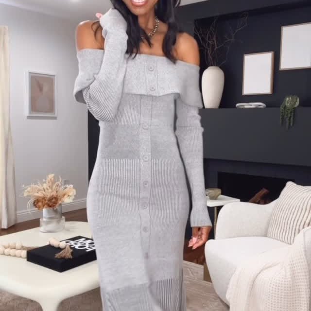 Instagram post by @ericalockhart_la for SNIDEL. Caption reads: [...] my off the shoulder knit dress from....