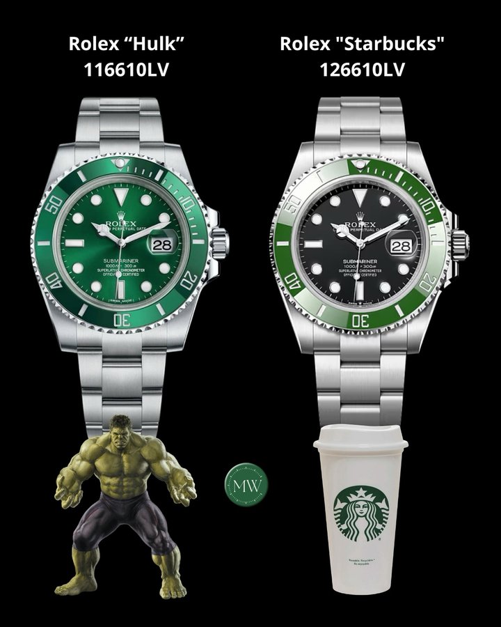 Instagram post by @89watches_ for MONDANIWEB. Caption reads: Rolex Submariner: “Hulk” or “Starbucks” 🤔? Choose....