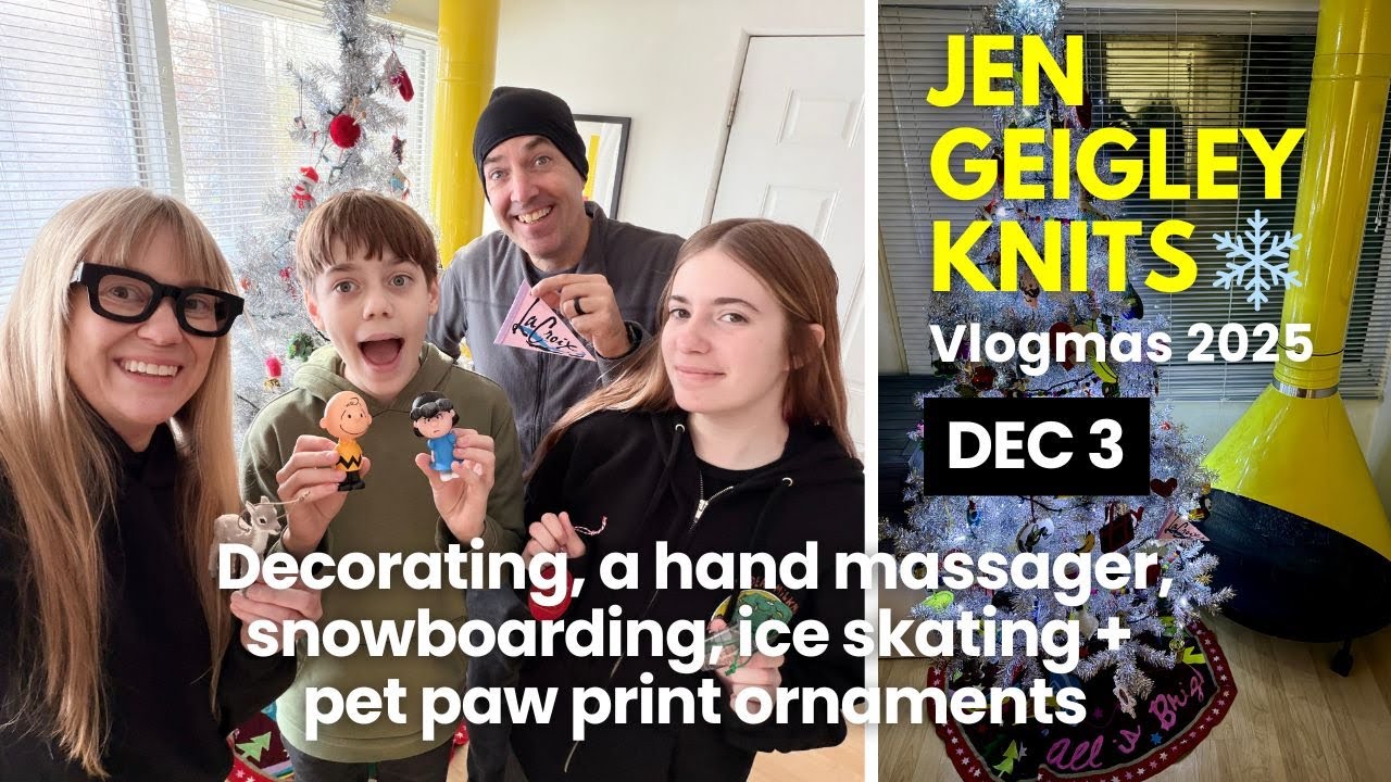 YouTube post by @JenGeigleyKnits for Babylon Leather. Caption reads: VLOGMAS DAY 3  2025 | Decorating, a hand massager,....