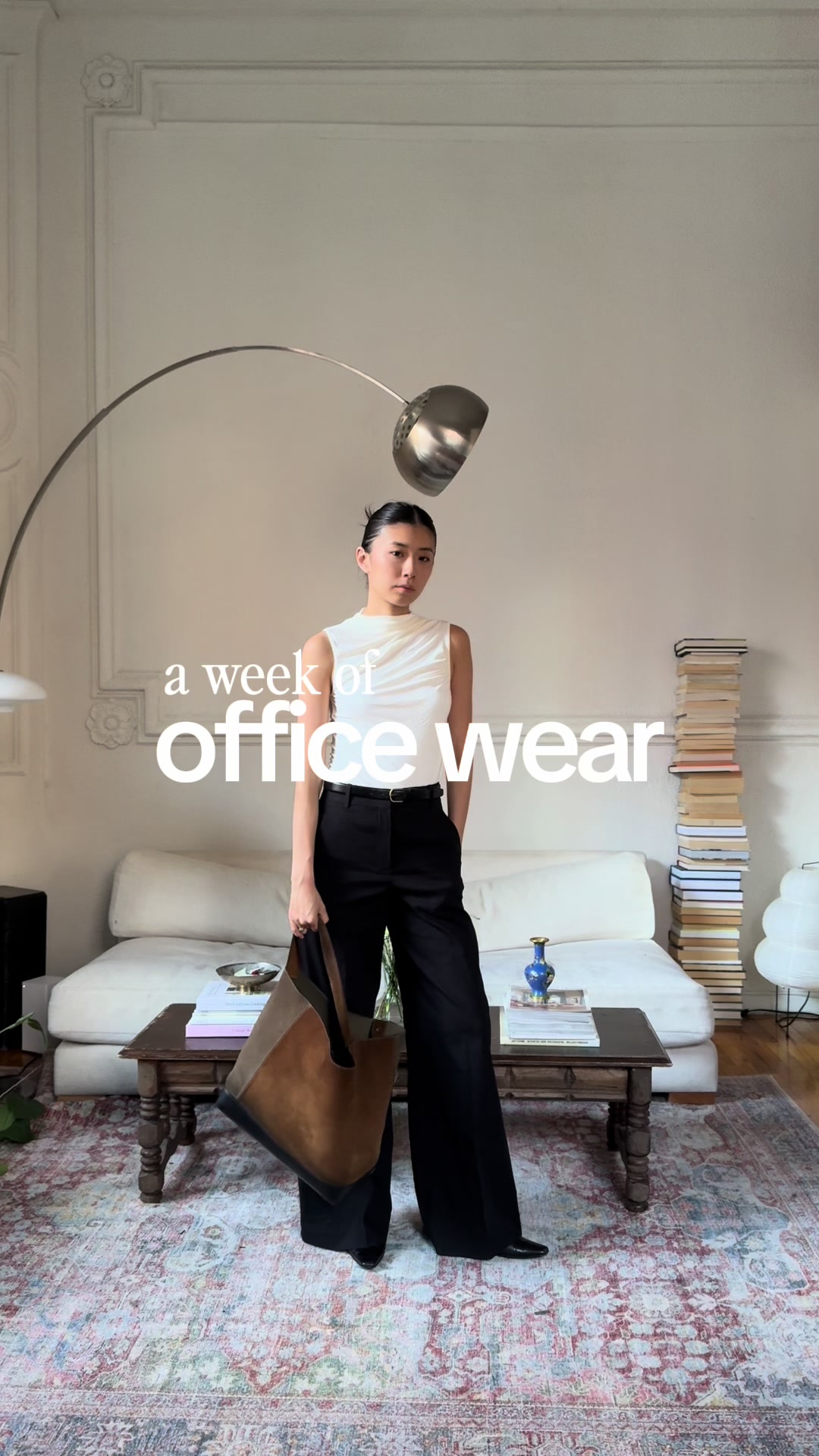 TikTok post by @tinarzhang for Theory. Caption reads: full circle with @Theory - the first workwear....
