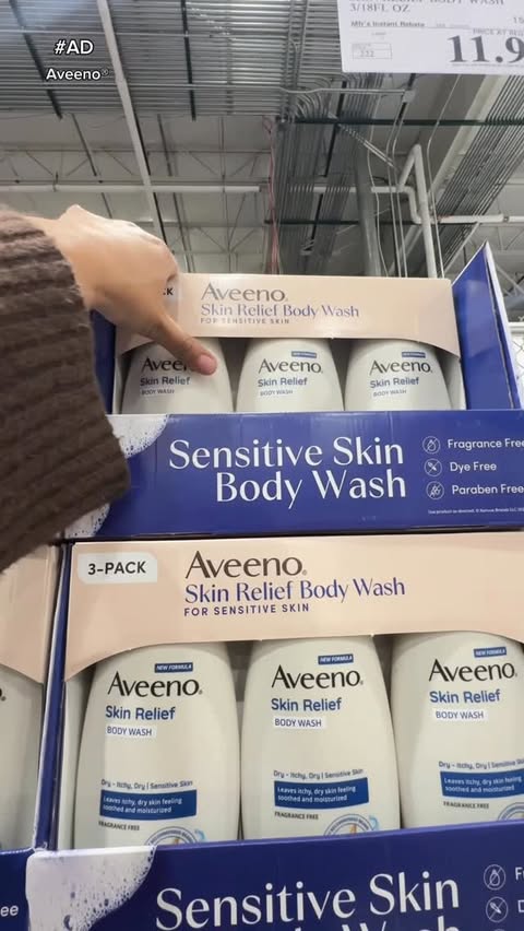 Instagram post by @alpha.sherpa for Aveeno. Caption reads: [...] with itchy, dry, sensitive skin, the Aveeno....