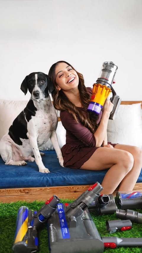 Instagram post by @simranbudharup for Dyson. Caption reads: [...] muddy paw prints and everyday mess, my....