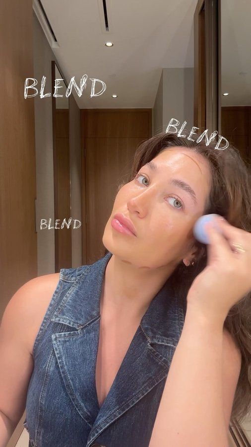 Instagram post by @celinelilas for Beautyblender. Caption reads: [...] look using the limited edition denim....