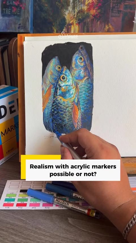 Instagram post by @alexsprouse_art for MEEDEN ART. Caption reads: Can acrylic markers create realistic artwork?....