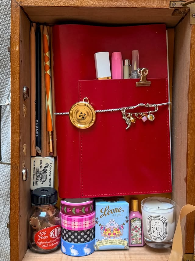 Instagram post by @martinamartian for Diptyque. Caption reads: My journaling ritual box full of magical objects....