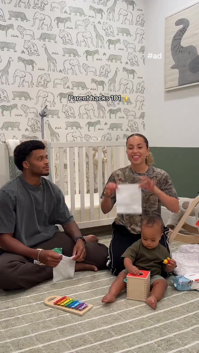 Instagram post by @deasiagreenn for Huggies. Caption reads: #ad Me handing off a dirty diaper 🤝🏽 Toine....