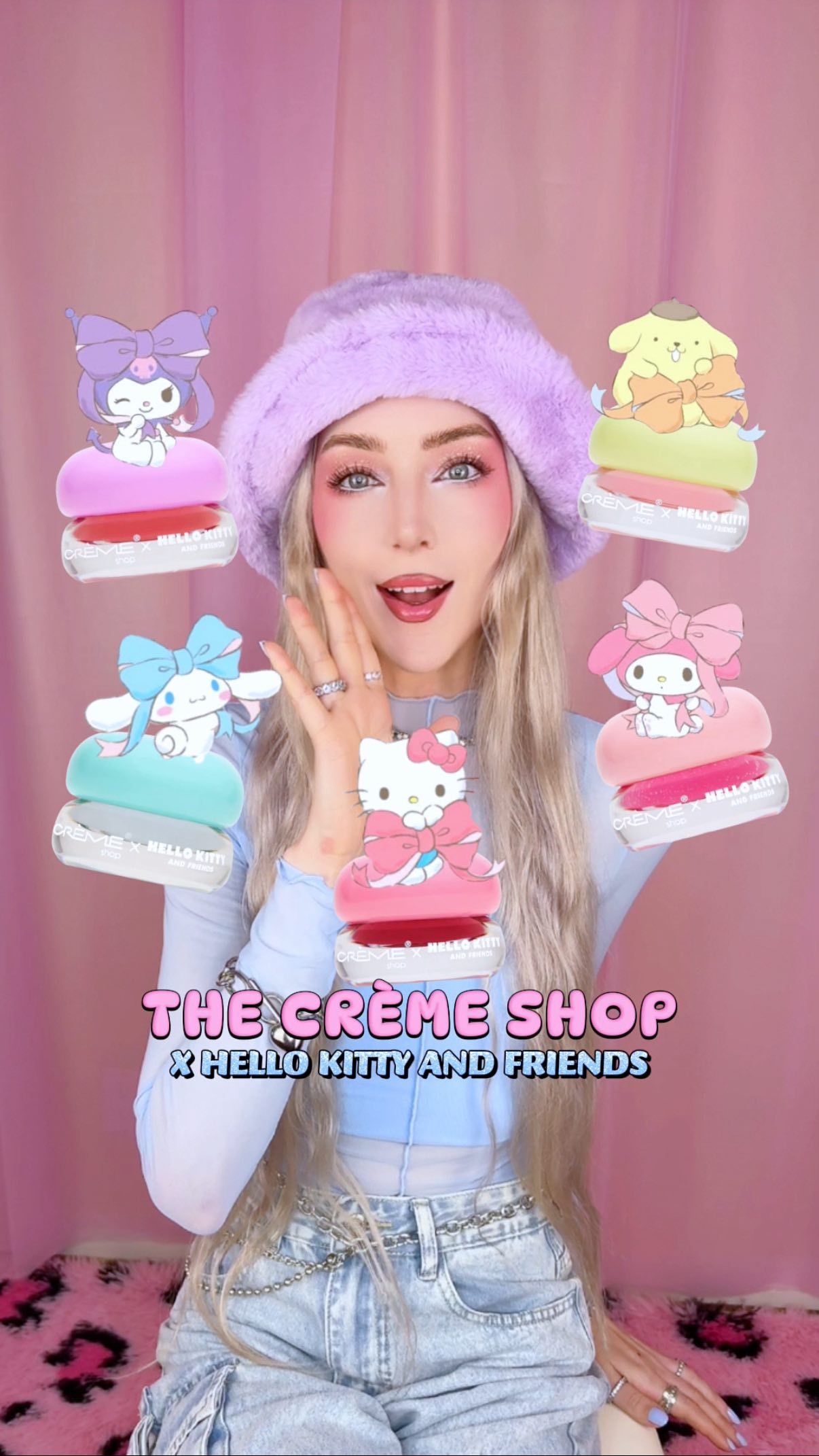 Instagram post by @karacraig for Sanrio. Caption reads: AHH! 😍🎀 The Crème Shop x @hellokitty and Friends....