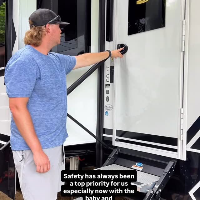 Instagram post by @travelinthoms for RVLock. Caption reads: Here’s how we keep our RV safe living on the road....