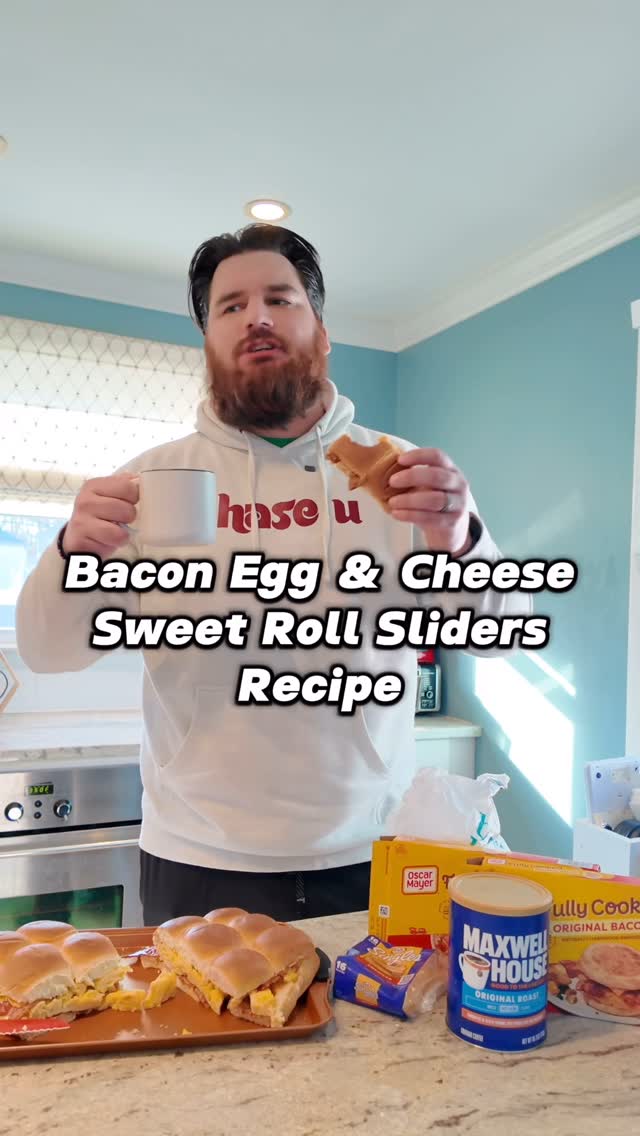 Instagram post by @_chase_u for ShopRite. Caption reads: Bacon Egg and Cheese Sweet Roll Sliders brought to....