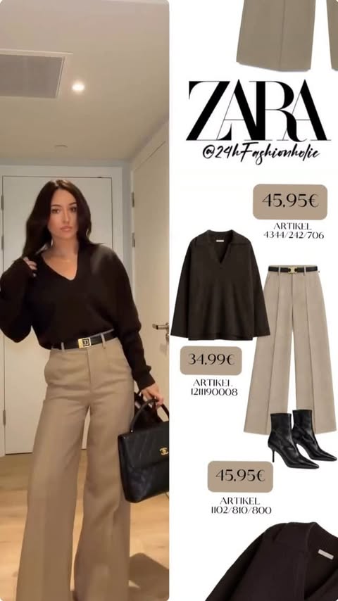 Instagram post by @24hfashionholic for ZARA. Caption reads: [...] 1211190008 Trousers für | 45,95€ from @zara....