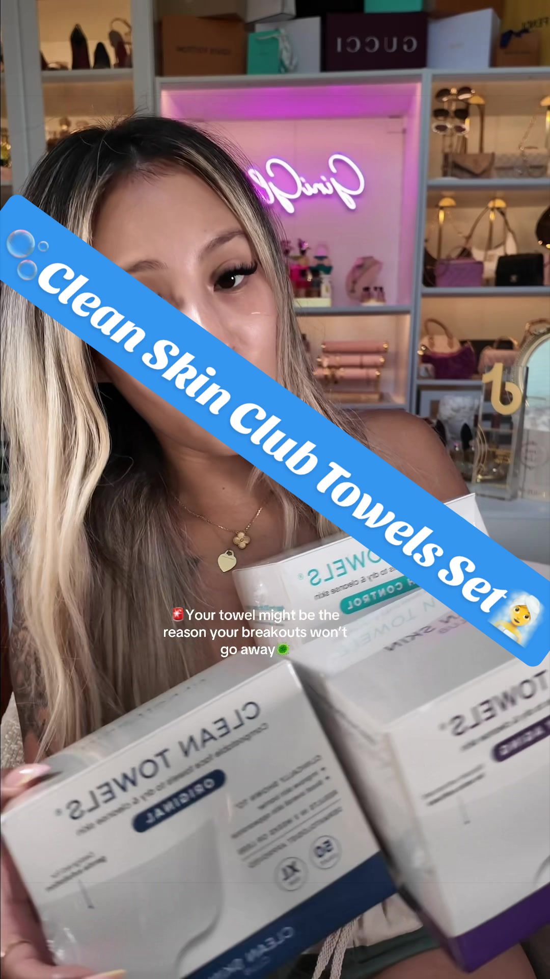TikTok post by @giniglow for Clean Skin Club. Caption reads: [...] Keep them germs away from my face!....