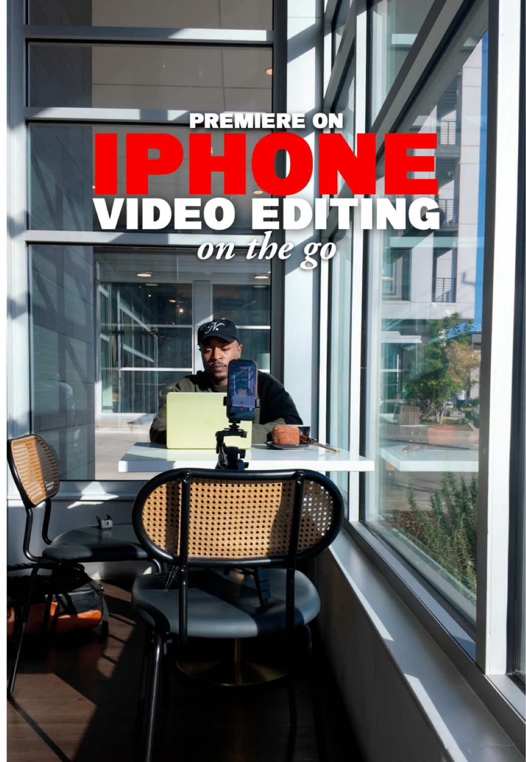 TikTok post by @mullahmugzie for Adobe Video. Caption reads: [...] my iPhone and Premiere on iPhone! @Adobe....