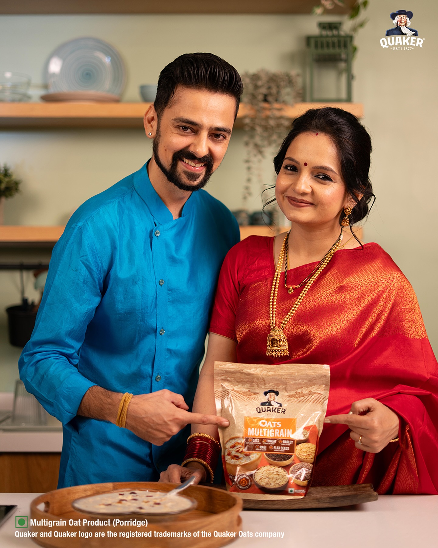 Instagram post by @gia_manek for Quaker Oats. Caption reads: Who knew my first Karva Chauth would come with....