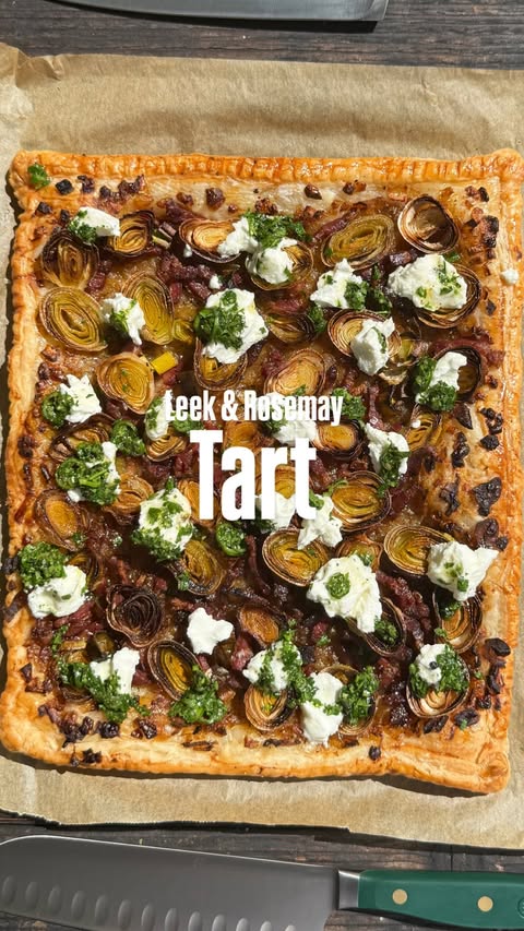 Instagram post by @darrenrobertsonfood for WÜSTHOF. Caption reads: Today we’re cooking a Leek and Rosemary tart,....