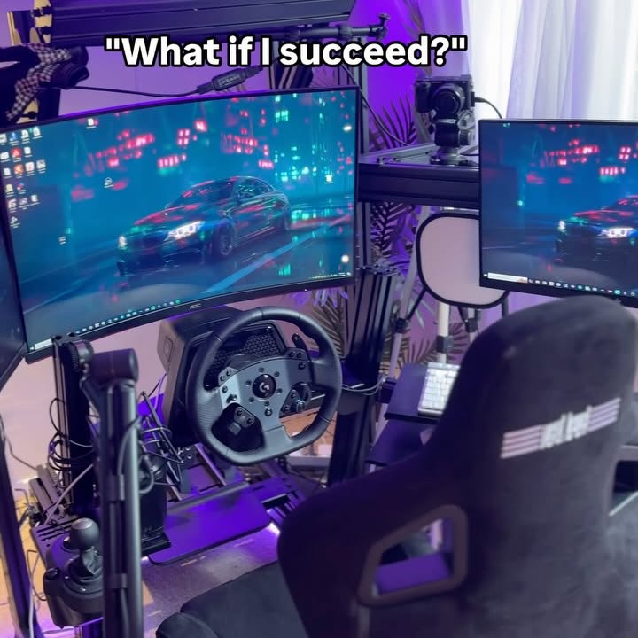 Instagram post by @meowsparky for Next Level Racing. Caption reads: Started in a budget setup, everyone starts....