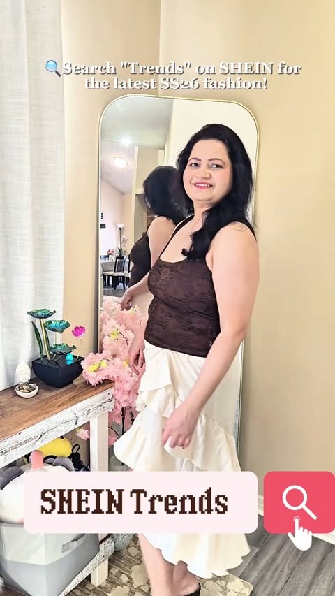 Instagram post by an influencer for SHEIN. Caption reads: 🔍Search "Trends" on SHEIN for the latest SS26....