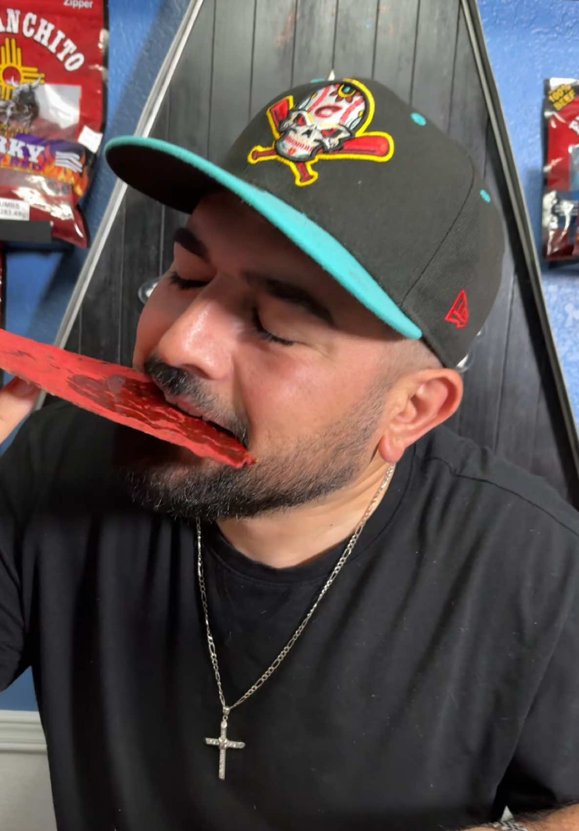 TikTok post by @acostaa.fam for El Ranchito Jerky. Caption reads: [...] them?! Available now! Go get it!....