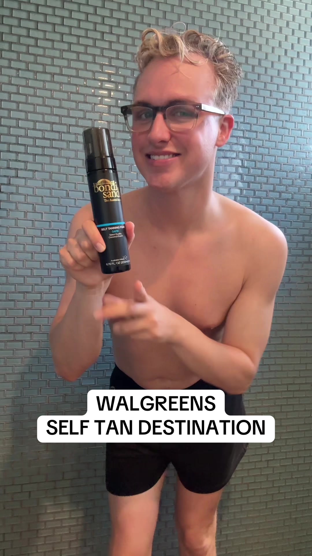 TikTok post by @gaymanwithaspraytan for Bondisands. Caption reads: [...] @Bondi Sands products! #bondisands....