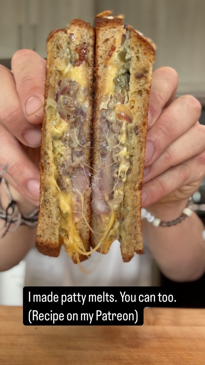 Instagram post by @kenjilopezalt for BALMUDA. Caption reads: These are classic patty melts using a technique....