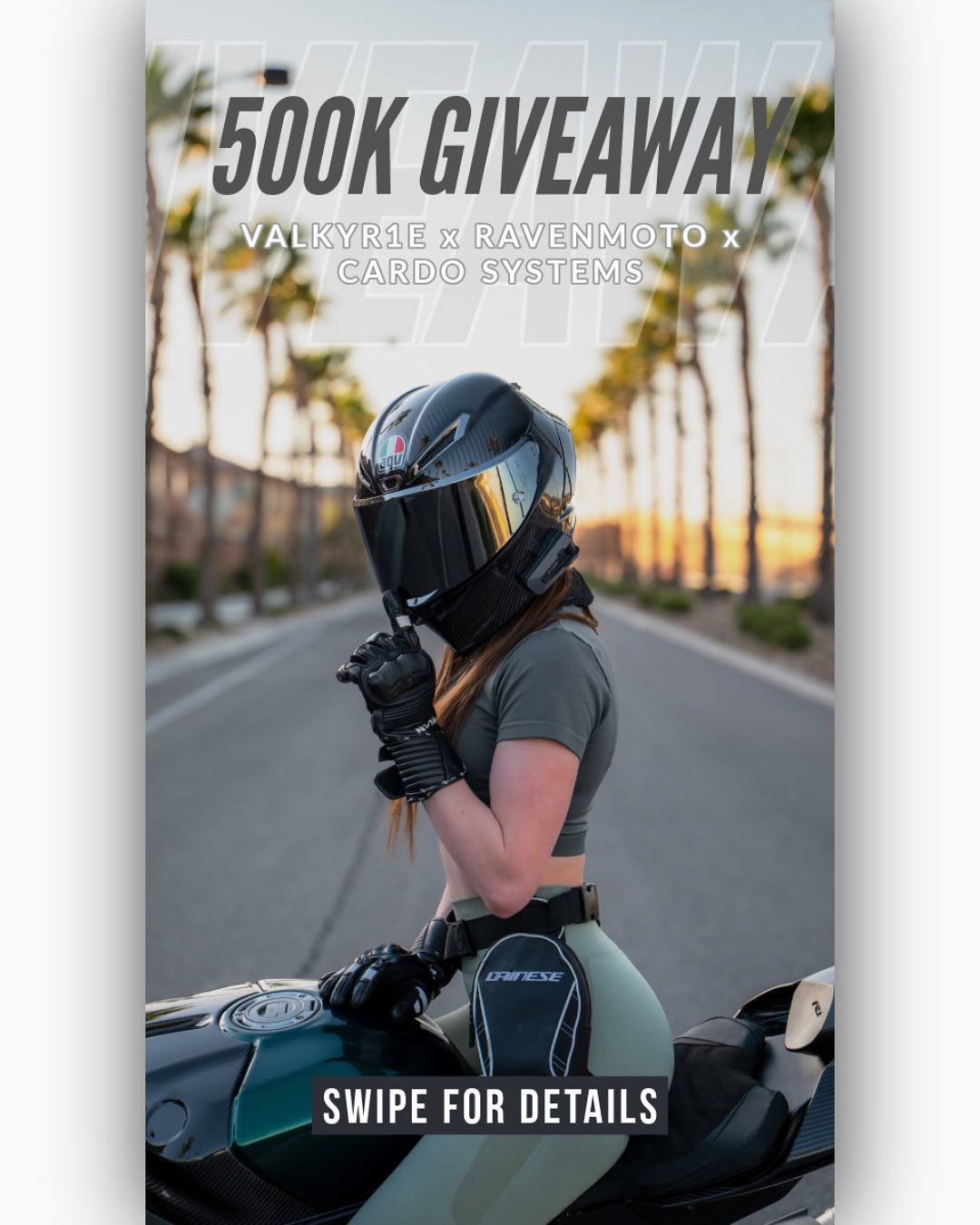 Instagram post by @valkyr1e for Cardo Systems. Caption reads: 500K GIVEAWAY! 🥳

Recently, We Officially Hit....