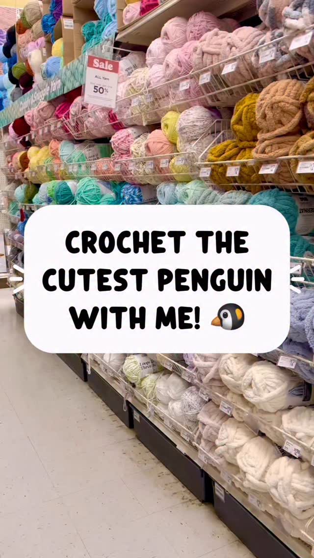 Instagram post by @aqcrochets for Michaels Stores. Caption reads: Crochet the cutest penguin with me! 🐧 What do you....