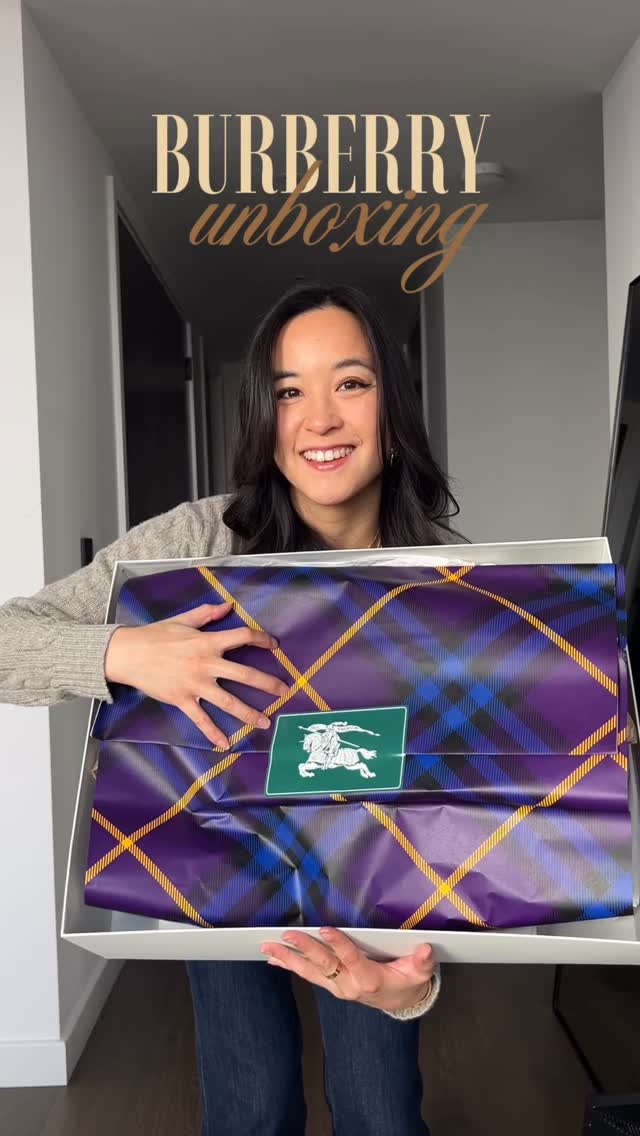 Instagram post by @natasha_lu for Burberry. Caption reads: always excited for a @burberry unboxing 🤭🤍🧸 the....
