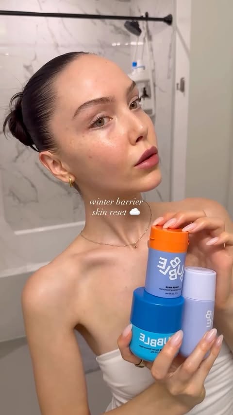 Instagram post by @lizziebowker for Bubble. Caption reads: winter skin barrier repair using : @bubble cosmic....