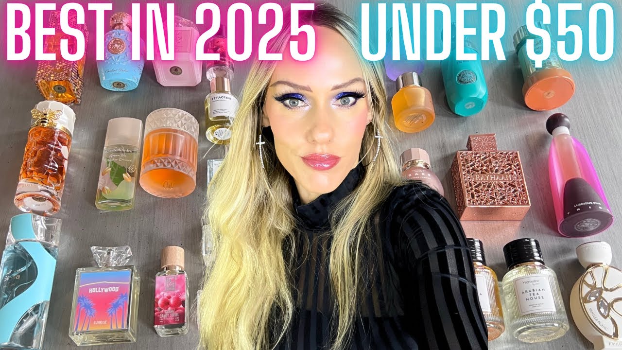 YouTube post by @aleishabudgetbeauty for Noteworthy Scents. Caption reads: MY TOP 25 FRAGRANCES IN 2025 UNDER $50.