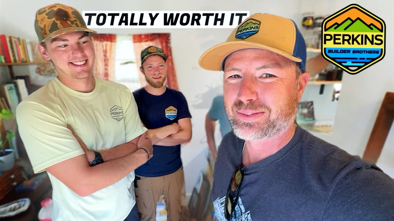 YouTube post by @PerkinsBuilderBrothers for TRUEWERK. Caption reads: FINISHED!! We bought a RUN DOWN tiny home and....