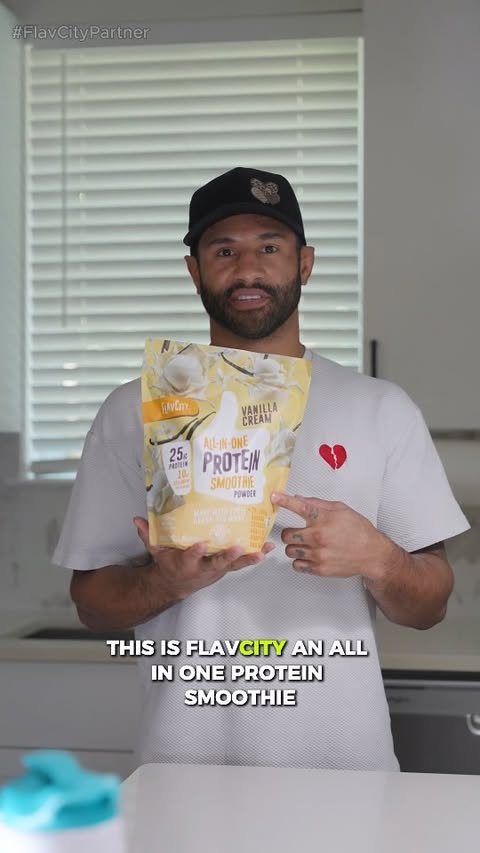 Instagram post by @mikedavismma for ShopFlavCity. Caption reads: A protein smoothie that actually tastes good and....