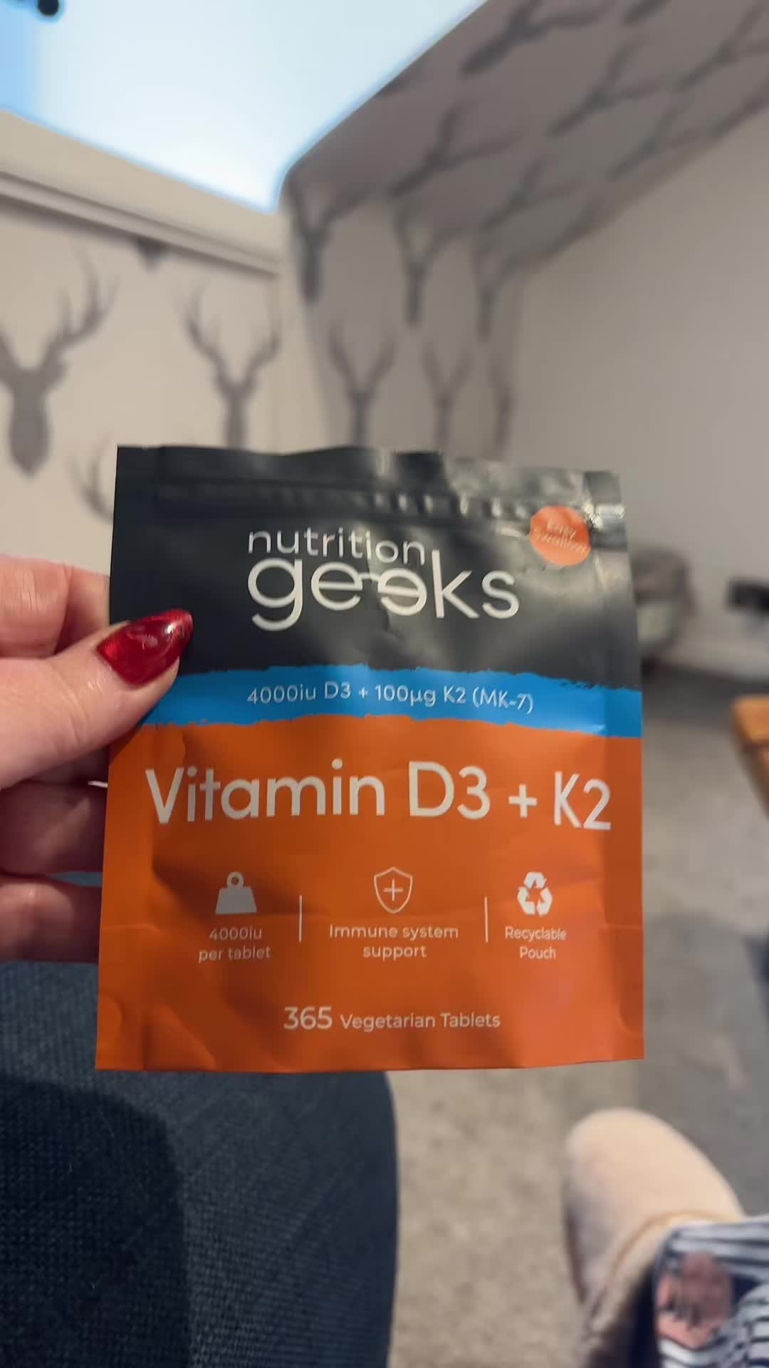 TikTok post by @kathylaw62 for Nutrition Geeks. Caption reads: Nutrition Geeks Vitamin D3 4000 IU & K2 . I take....