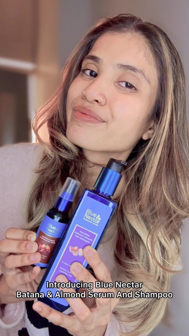 Instagram post by @tamanna.sharma4401 for Blue Nectar. Caption reads: Be the chill girl who doesn’t stress over hair....