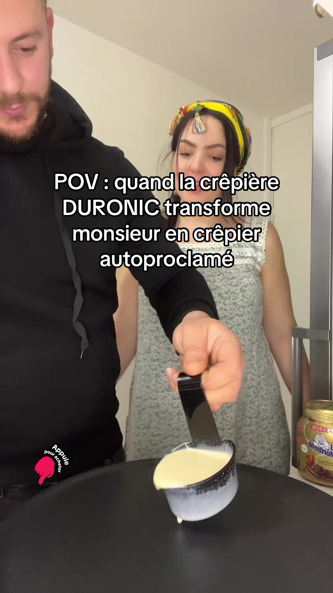 TikTok post by @couplekabyle3 for Duronic. Caption reads: Crêpière DURONIC Disponible sur Tiktok Shop [...].