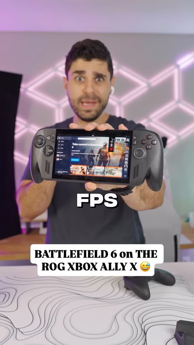 Instagram post by @realgivemchills for AMD. Caption reads: Running battlefield 6 on the ROG XBOX ALLY X, this....