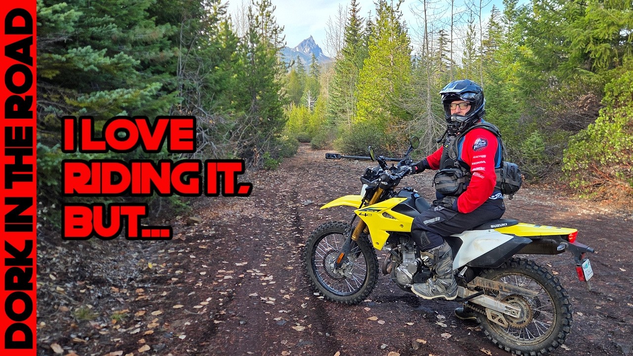 YouTube post by @DorkintheRoad for Mosko Moto. Caption reads: Suzuki DR-Z4S Review.