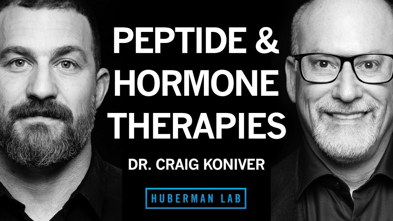 YouTube post by @hubermanlab for Joovv. Caption reads: Peptide & Hormone Therapies for Health,....