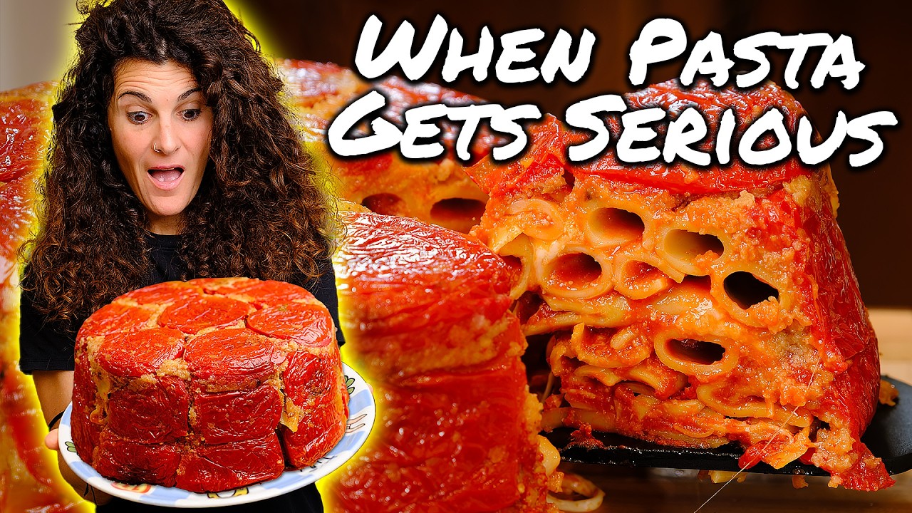 YouTube post by @PastaGrammar for Lingopie. Caption reads: Taking Tomato Pasta to the Next Level: Timballo....