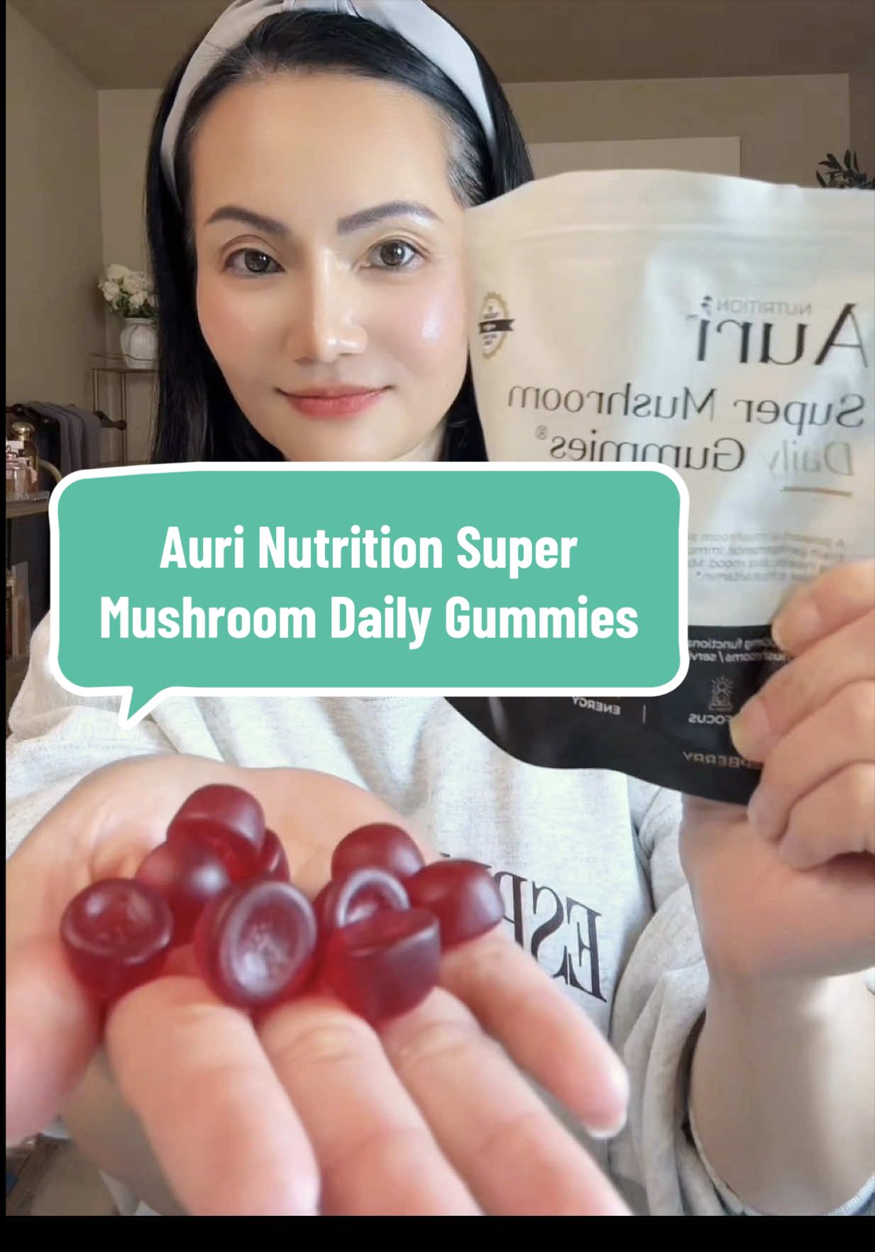 TikTok post by @mammypickstok for Auri Nutrition. Caption reads: Super Mushroom Daily Gummies@Auri Nutrition These....
