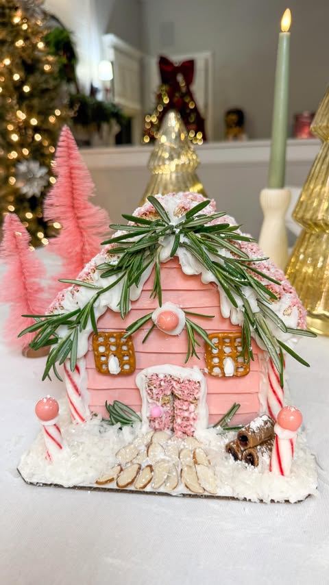 Instagram post by @coffeeandconfettimom for The Fresh Market. Caption reads: ✨Pre-Built Gingerbread Houses....