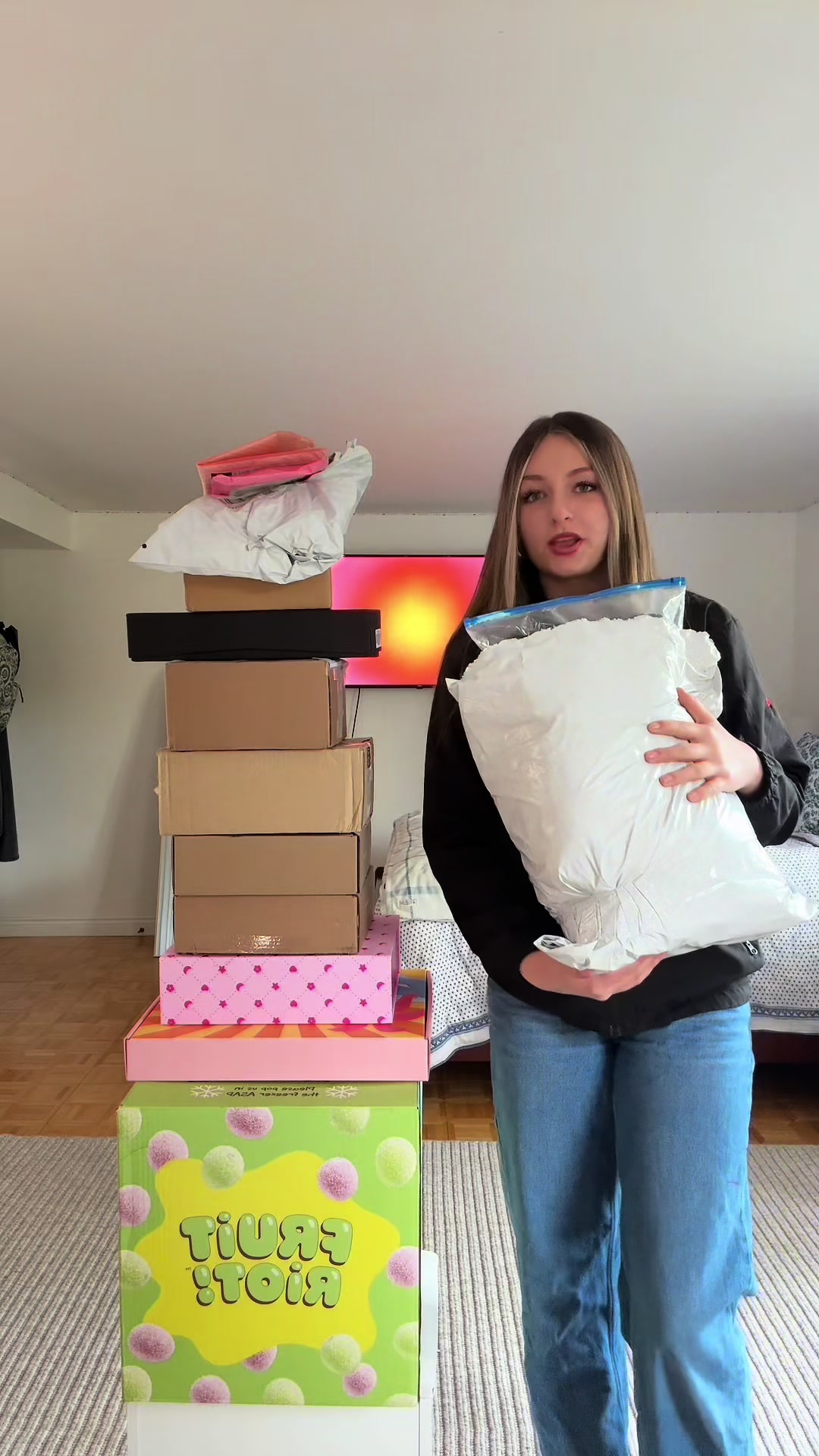 TikTok post by @somuchloveameilia for PINK PALM PUFF. Caption reads: HUGE pr haul!@PINK PALM PUFF @aelfriceden_official....