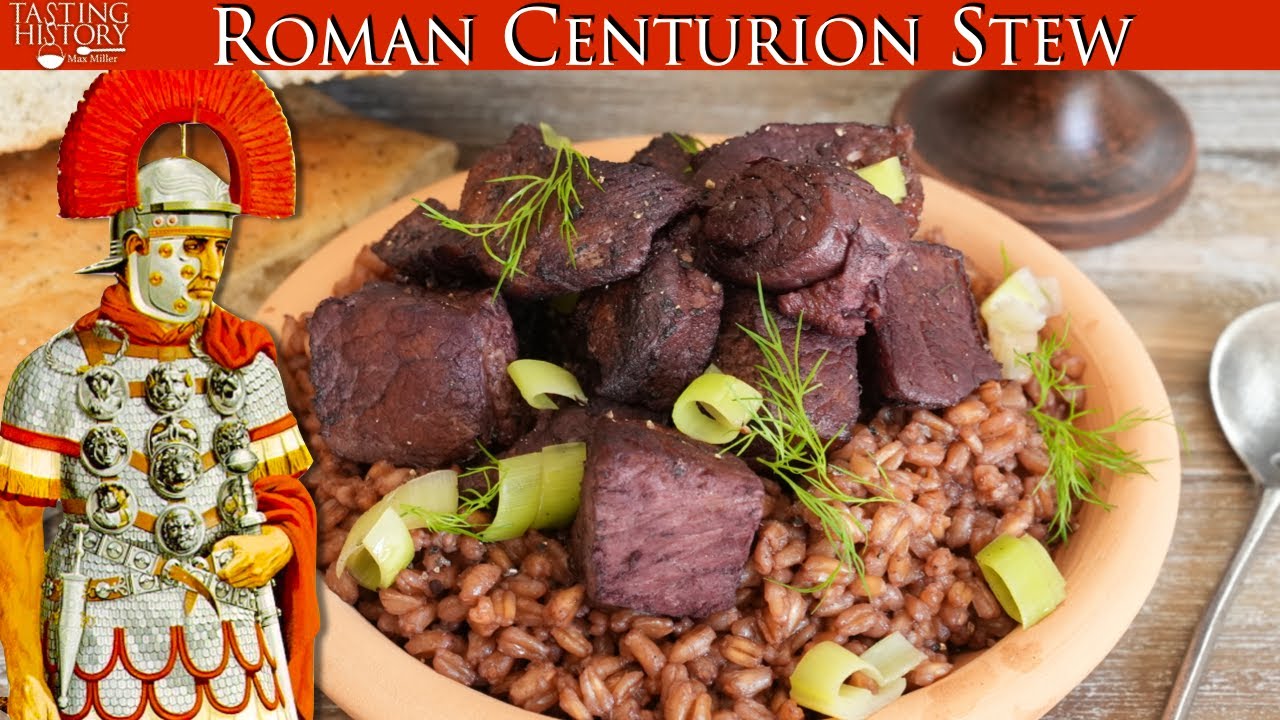 YouTube post by @TastingHistory for Flickr. Caption reads: Feeding A Roman Centurion - Pork & Puls.