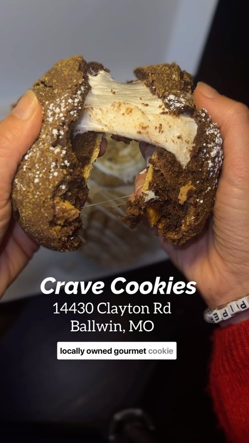 Instagram post by @stlfoodies for Crave Cookies. Caption reads: @thecravecookies.stl needs to be your next sweet....