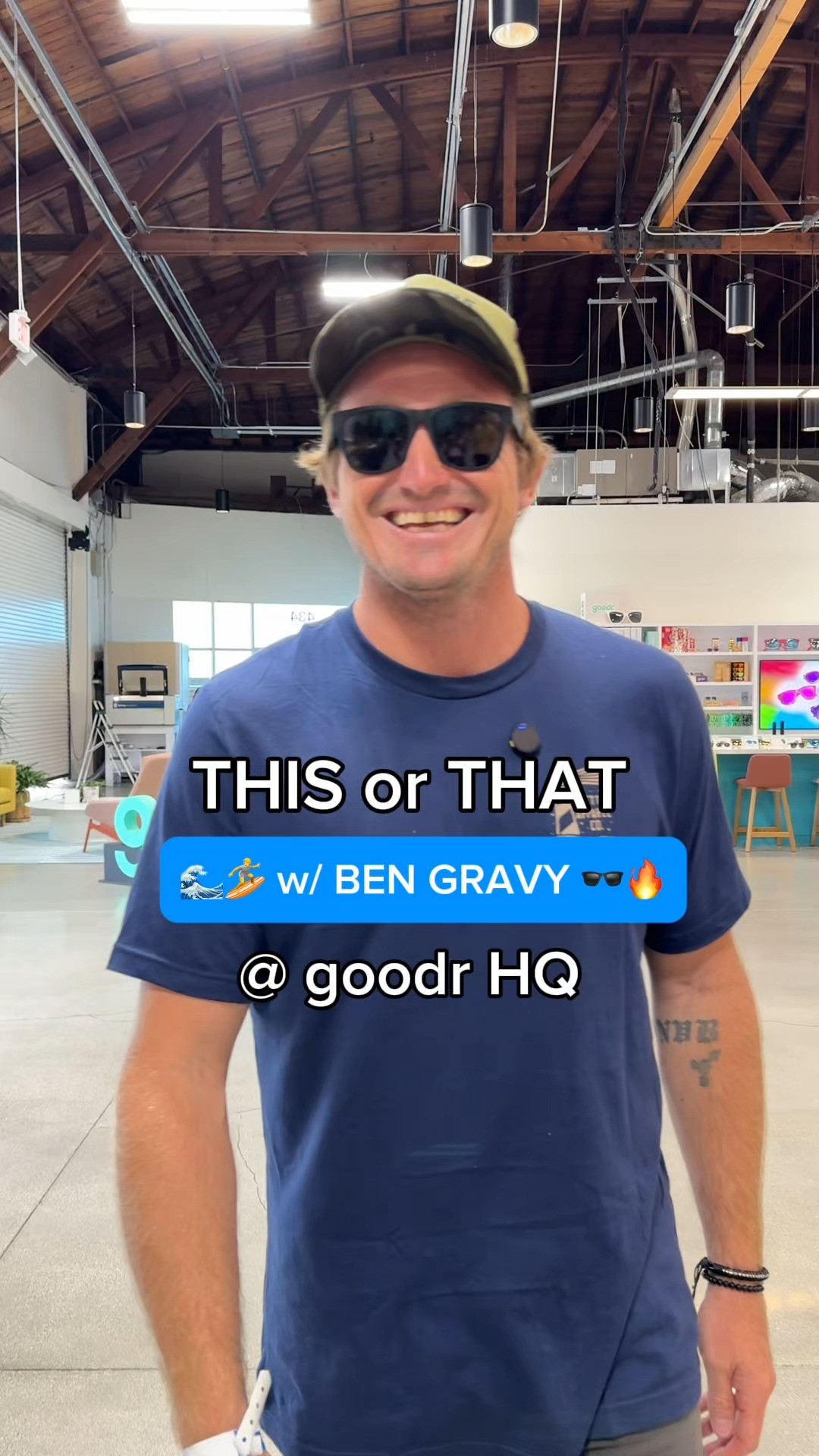 Instagram post by @bengravyy for Goodr. Caption reads: This or That with iconic pro surfer, Ben Gravy!....