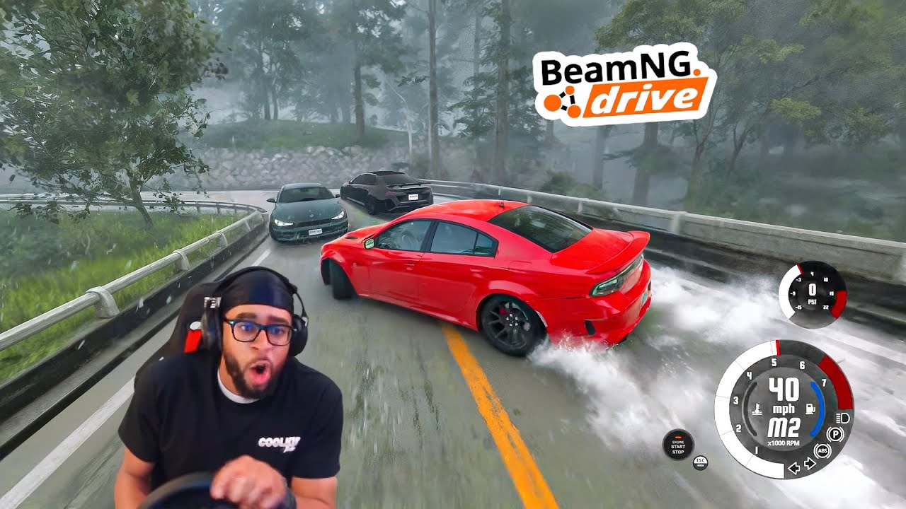 YouTube post by @coolkidfrmbx for MOZA Racing. Caption reads: Driving the LOUDEST HELLCAT on the TIGHTEST....